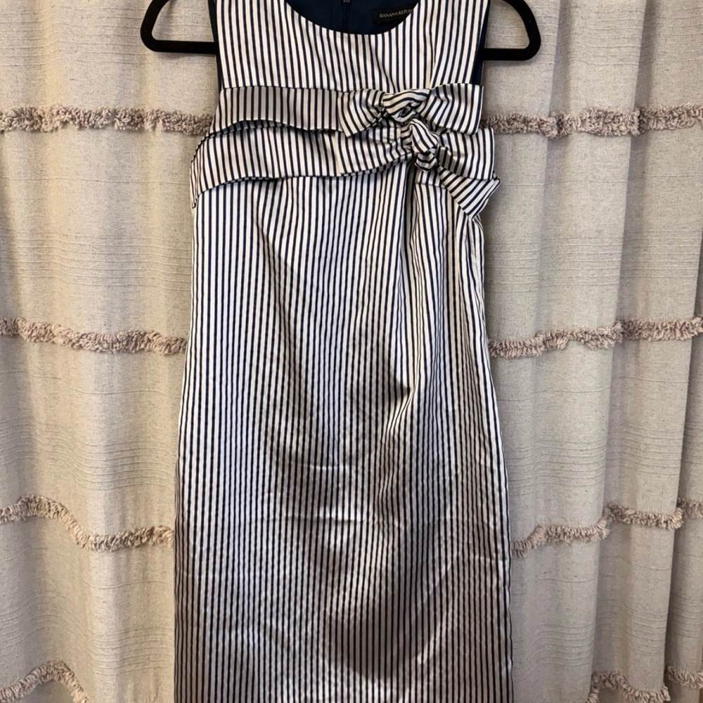Banana Republic Navy Blue Striped Sleeveless Lined Dress with Bow Accents-SIZE 2